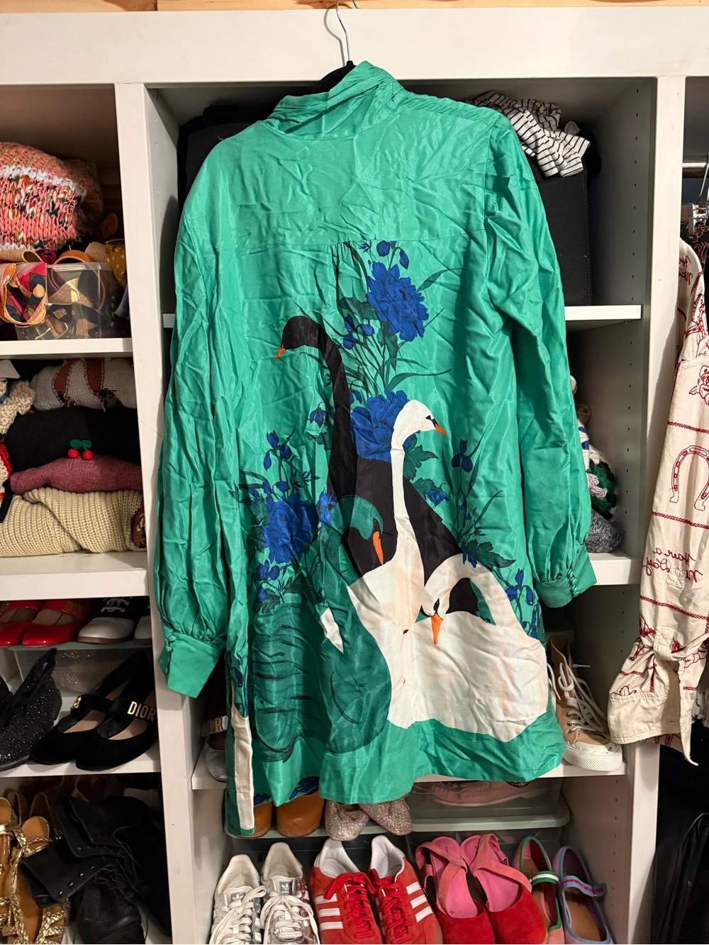 Anthropologie Caroline Green Tie-Neck dress with Swan Print - Picture 4 of 4